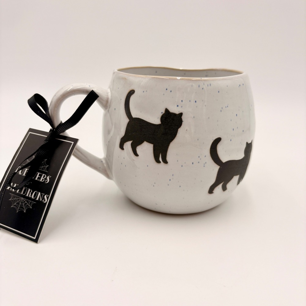 Cobwebs & Cauldrons Black Cat Speckled Halloween Coffee Mug White Ceramic